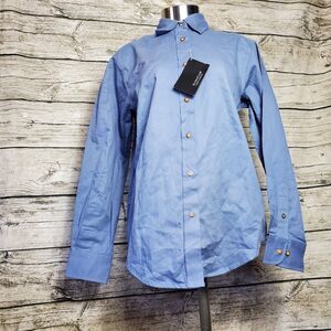 Ladies Ultra Club Sanded Gabardine Blue Long Sleeve Button Down Shirt Size Small